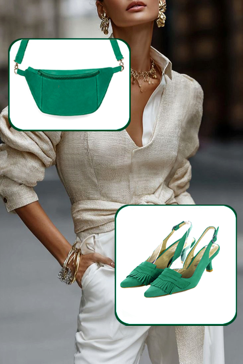 Dress slingback heels in emerald green leather with medium spool heels and pointed toe - Top view